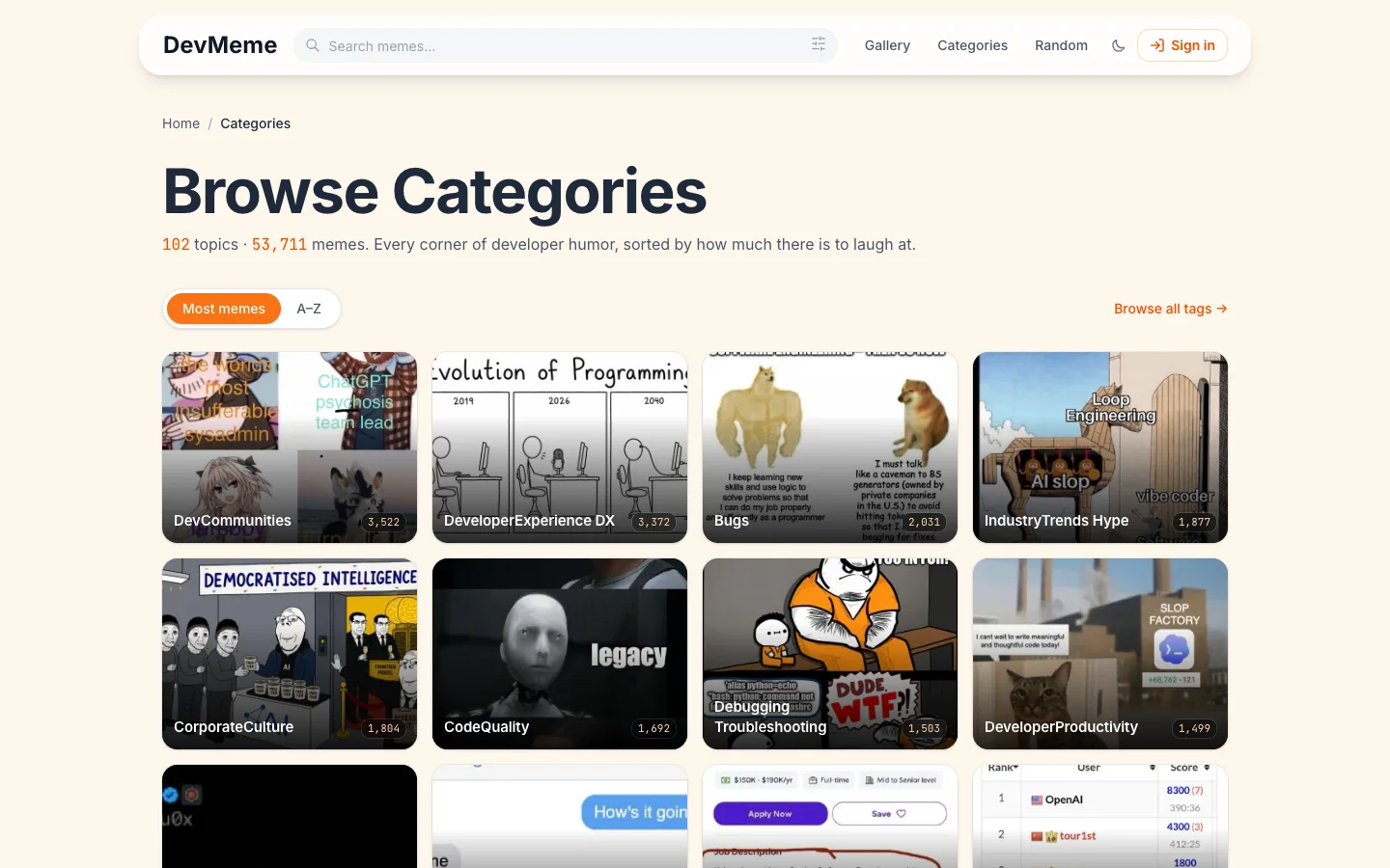 DevMeme category directory with topic tiles and a link to the tag directory