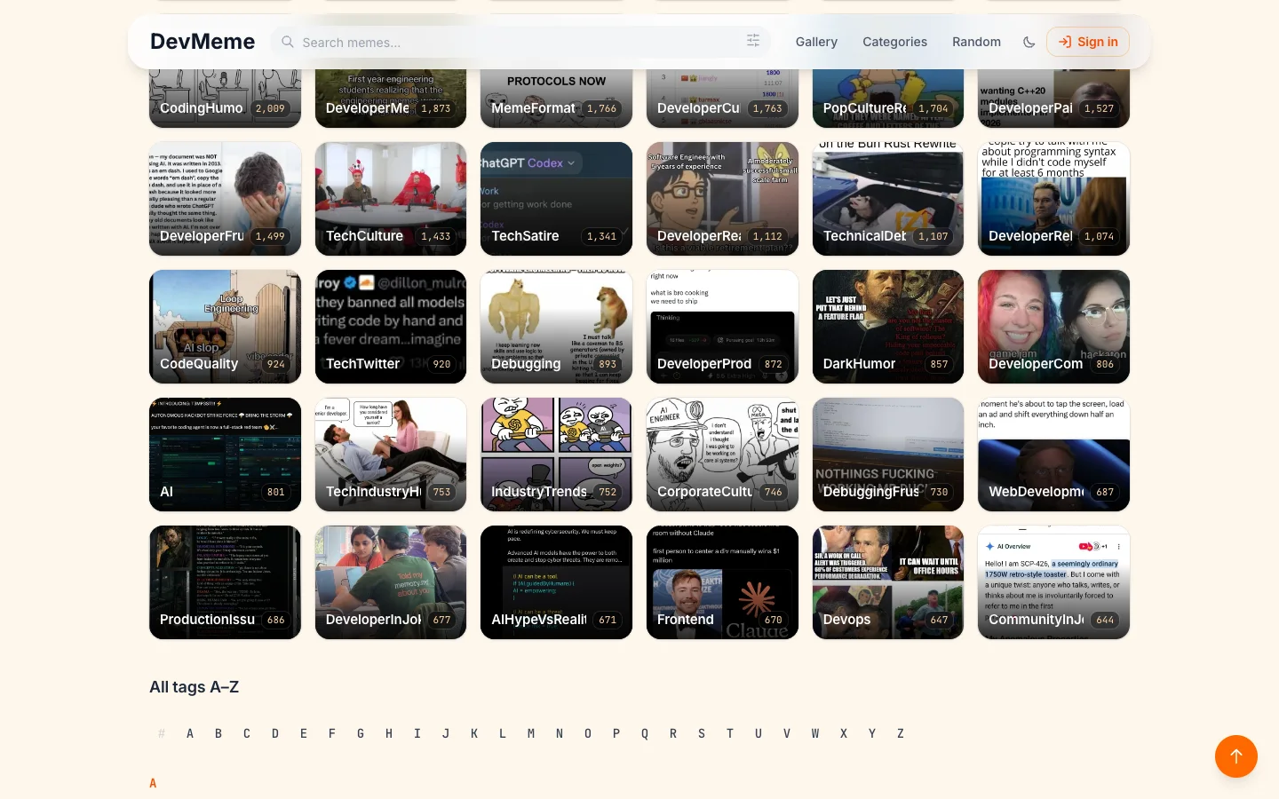 DevMeme tag directory with popular tags and an A–Z index