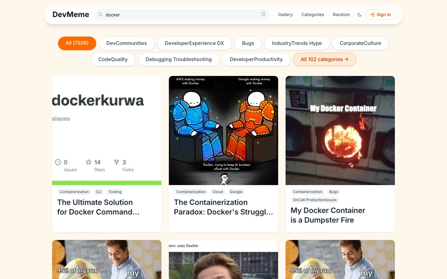 DevMeme search results for “docker” in the desktop gallery