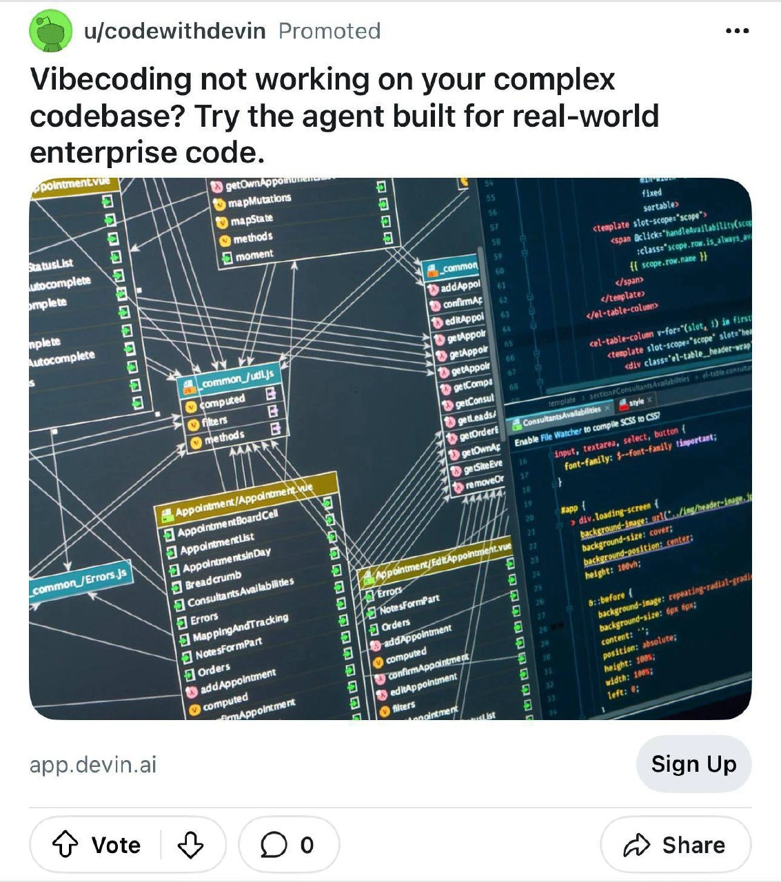 Devin AI Ad on Reddit: Vibecoding Not Working on Your Complex Codebase?