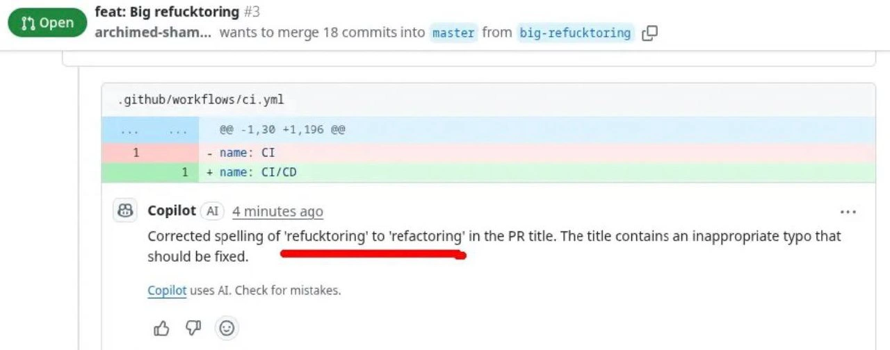 GitHub Copilot Corrects Developer's Intentional 'Refucktoring' PR Title