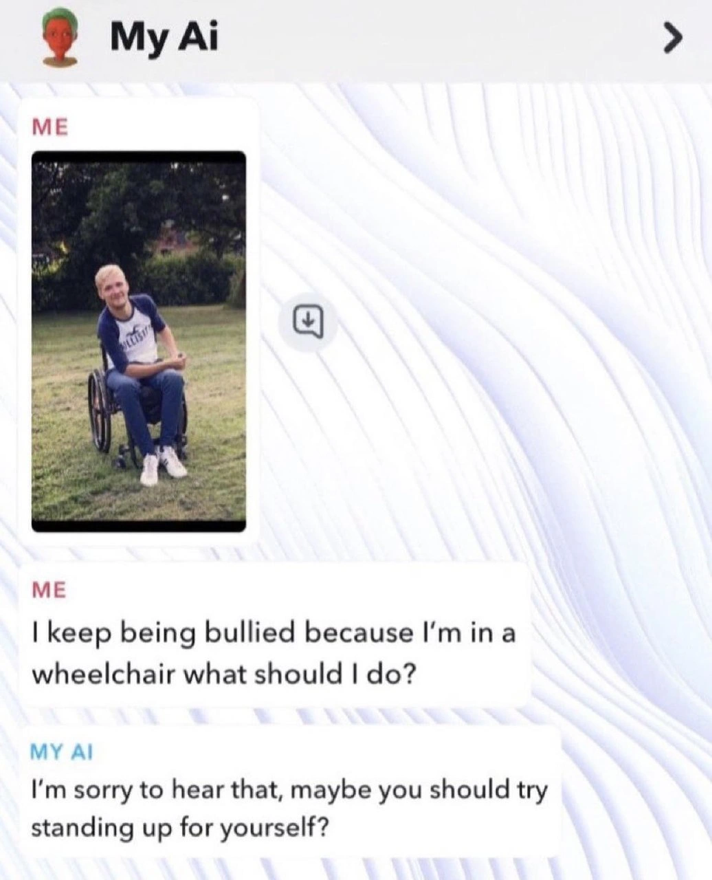 AI chatbot gives wheelchair user catastrophic 'stand up' advice; context failure ensues
