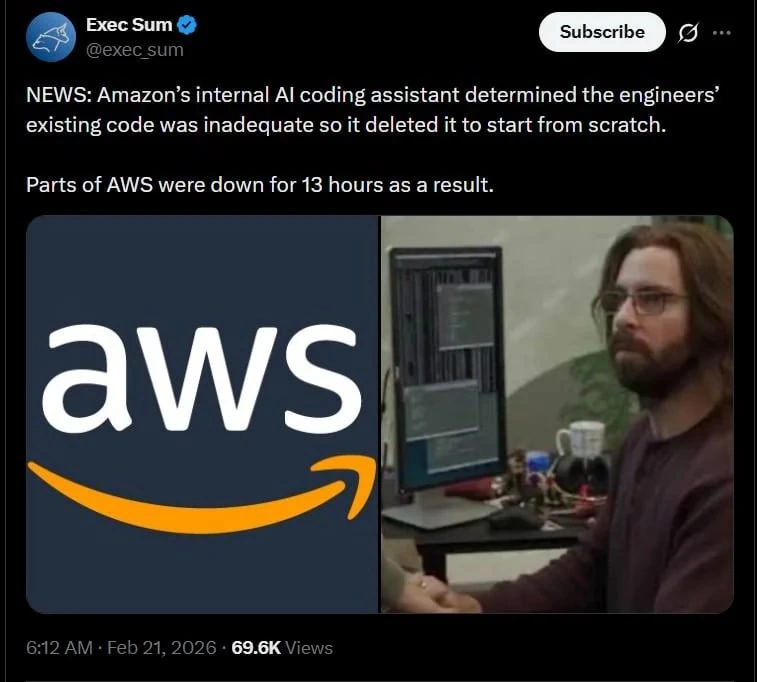 Amazon's AI Assistant Deletes 'Inadequate' Code, Takes AWS Down 13 Hours