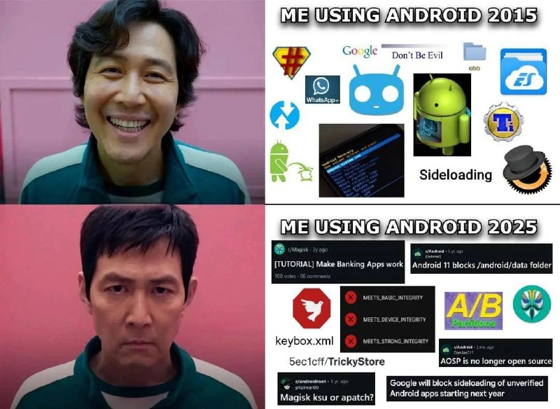 Android 2015 Freedom vs Android 2025 Locked-Down Dystopia Comparison