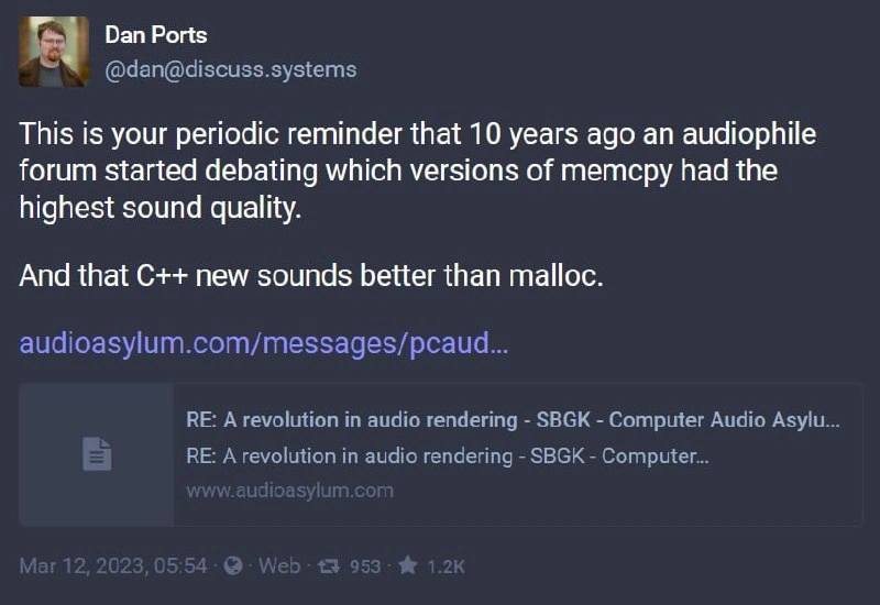 Audiophiles rate memcpy sound quality, devs joke C++ new beats malloc