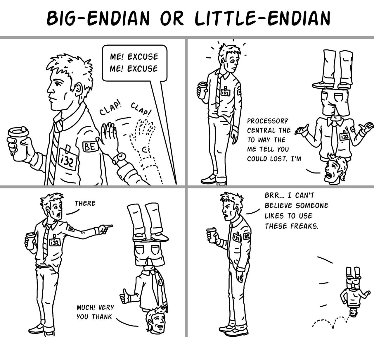 Big-Endian vs Little-Endian Comic Showing Reversed Byte Order Communication