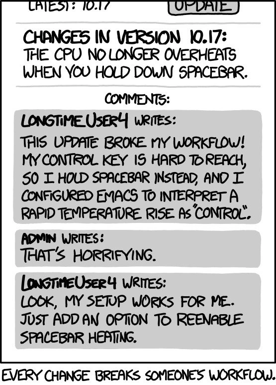 Patch notes fix a spacebar - overheating bug, frustrated power-user demands it back