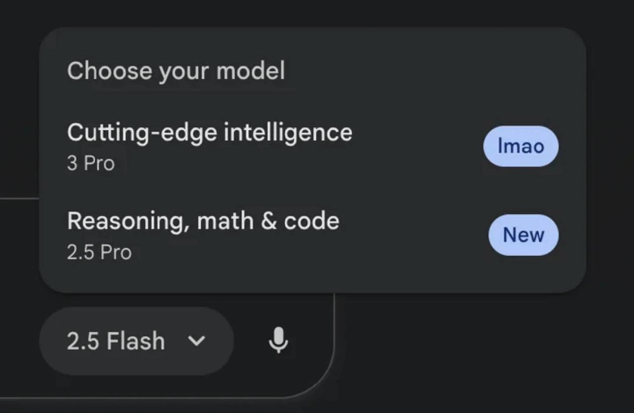 Google Gemini Model Picker Labels 3 Pro as 'lmao' Instead of 'New'