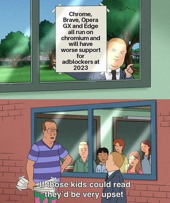 Chromium browsers lose adblockers: kids blissfully unaware in classroom meme