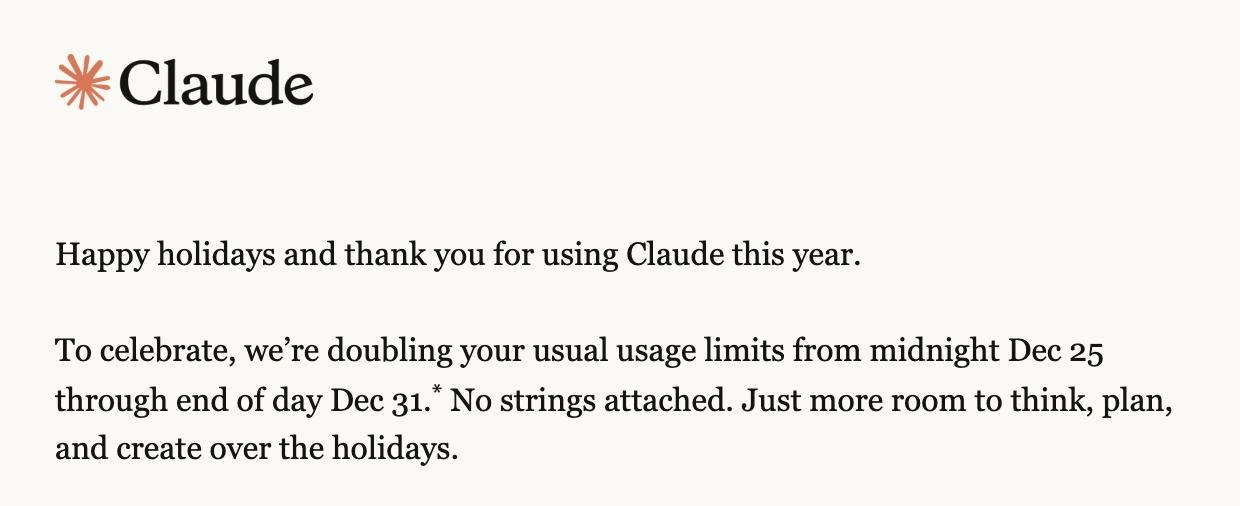Claude AI Doubles Usage Limits for Holiday Season Gift to Users