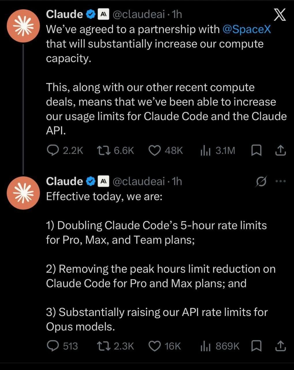 Claude Announces SpaceX Compute Deal and Doubled Claude Code Rate Limits
