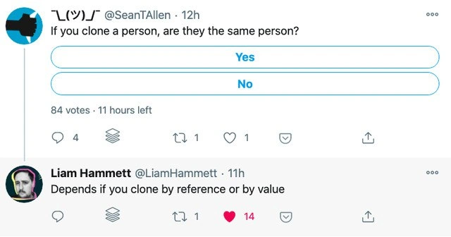 Twitter poll debates cloning humans, dev replies with reference vs value punchline