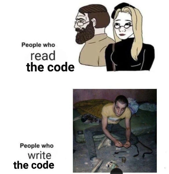 Clean code readers vs chaotic code writers two-panel developer meme