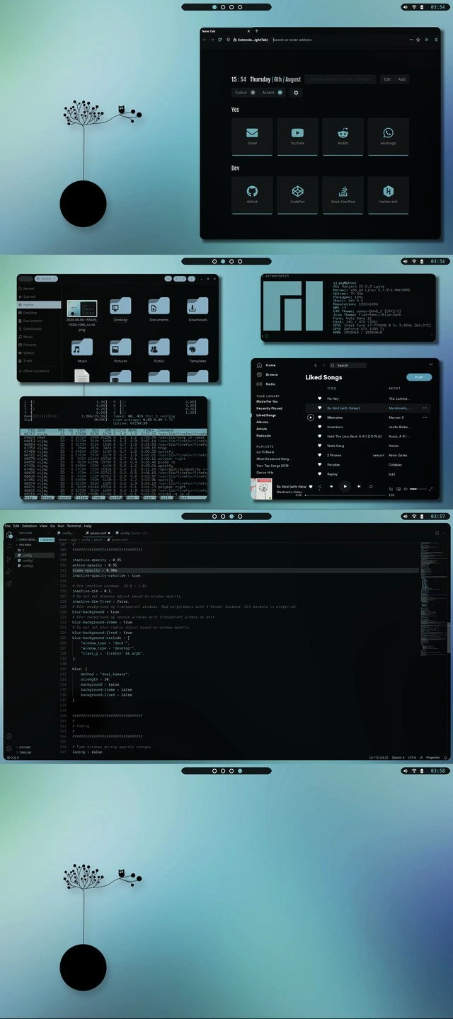 Dark-themed Linux rice showcasing custom start page, htop monitoring, and picom.conf tweaks