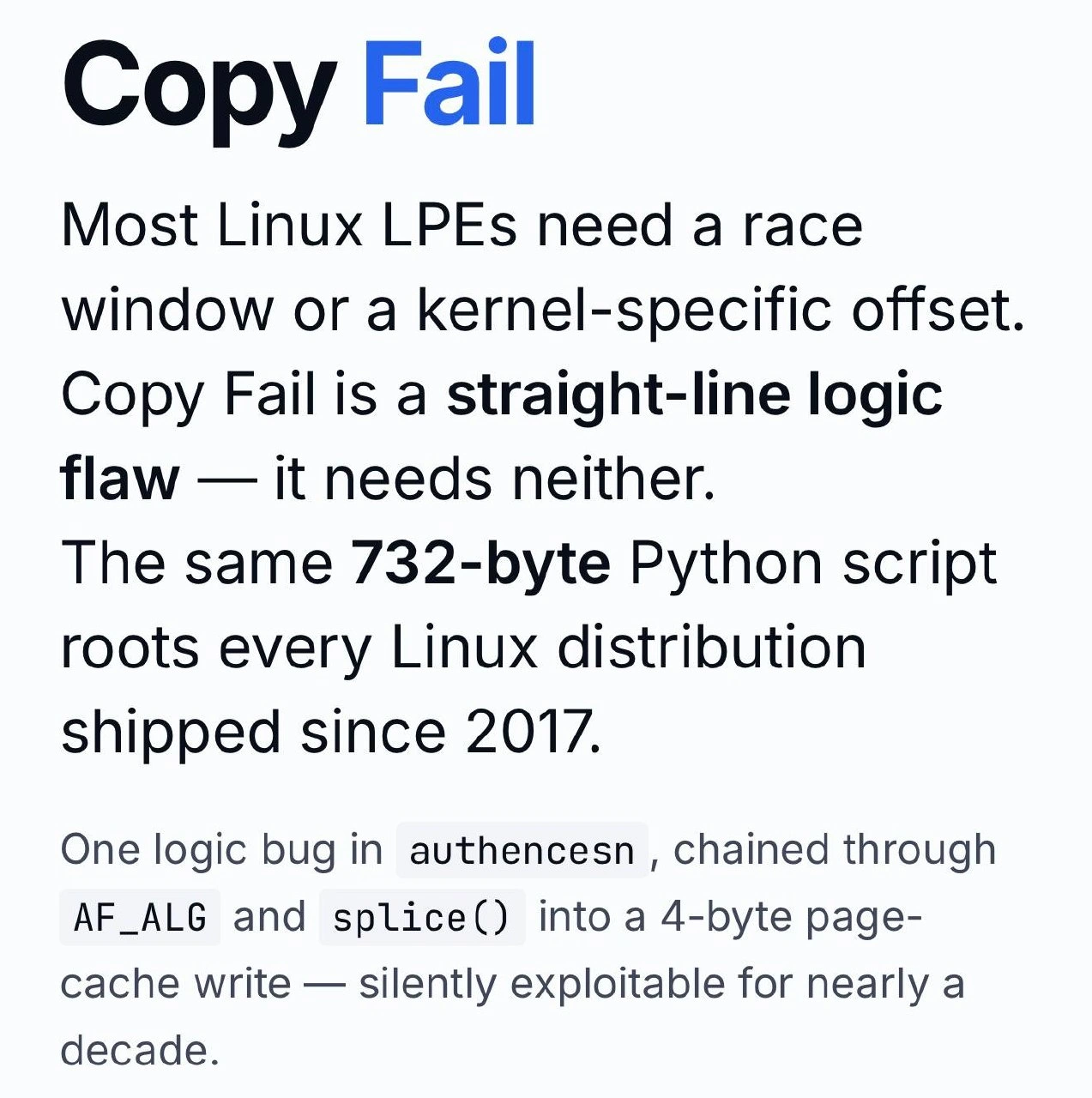 Copy Fail: 732-Byte Python Script Roots Every Linux Since 2017