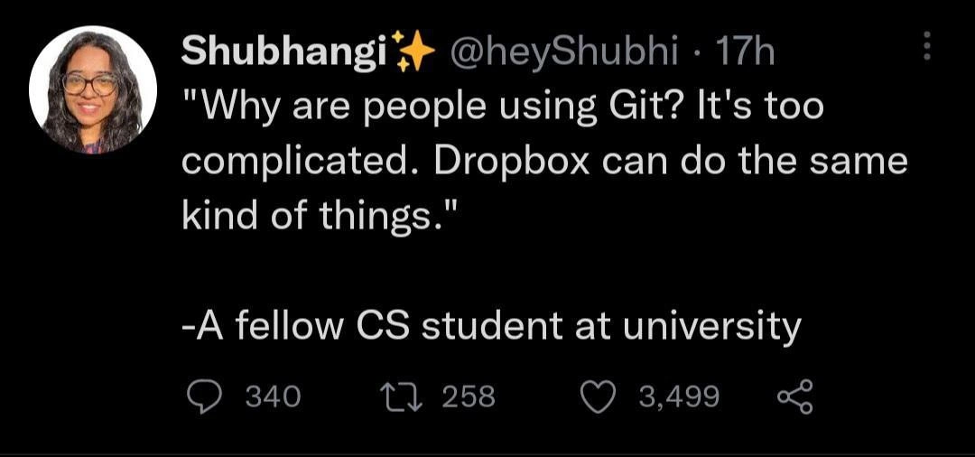 CS student suggests Dropbox over Git, triggering version control collective eye roll
