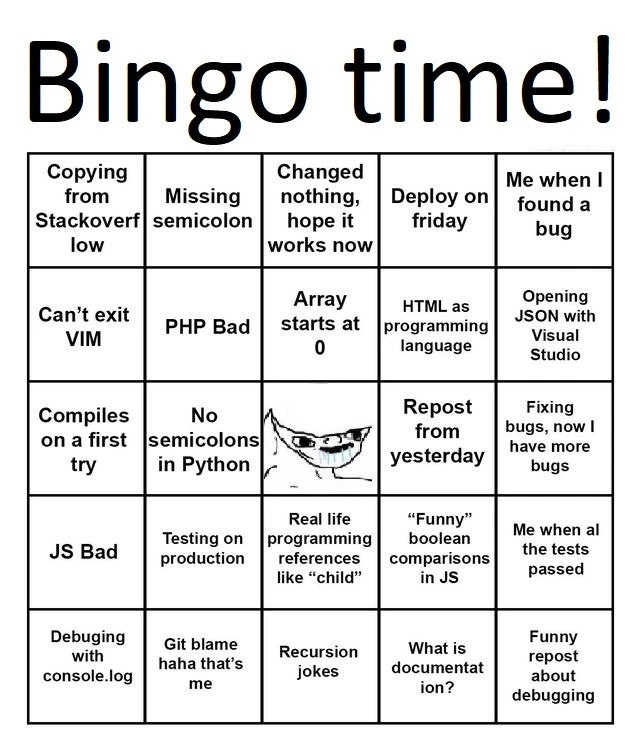 Developer bingo card covering classic coding fails, debugging woes, and language wars