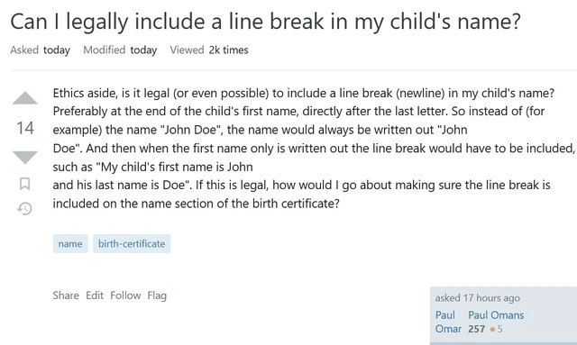 Can I legally embed a newline character in my child’s registered name?