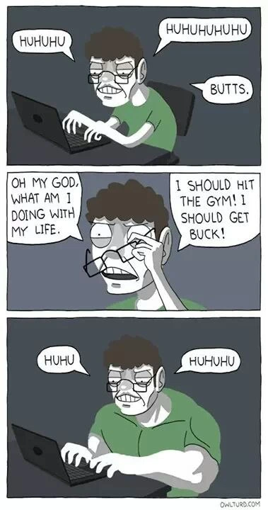 Scrolling at laptop, existential crisis, then right back to childish giggles