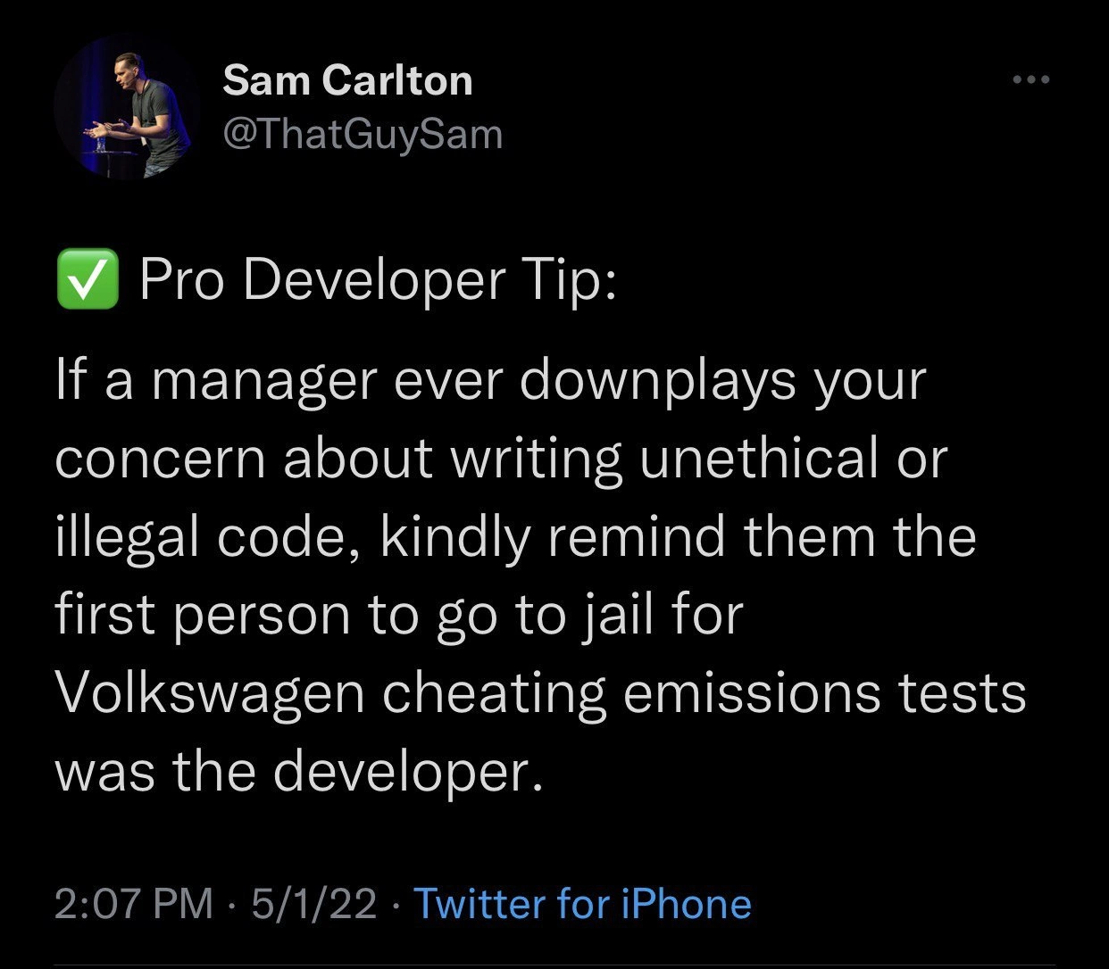 Pro tip tweet warns devs: unethical code can land you, not managers, in jail