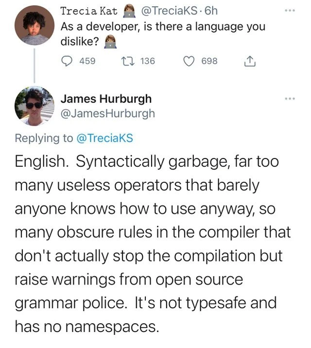 Developer laments English syntax like a buggy, namespace-less programming language