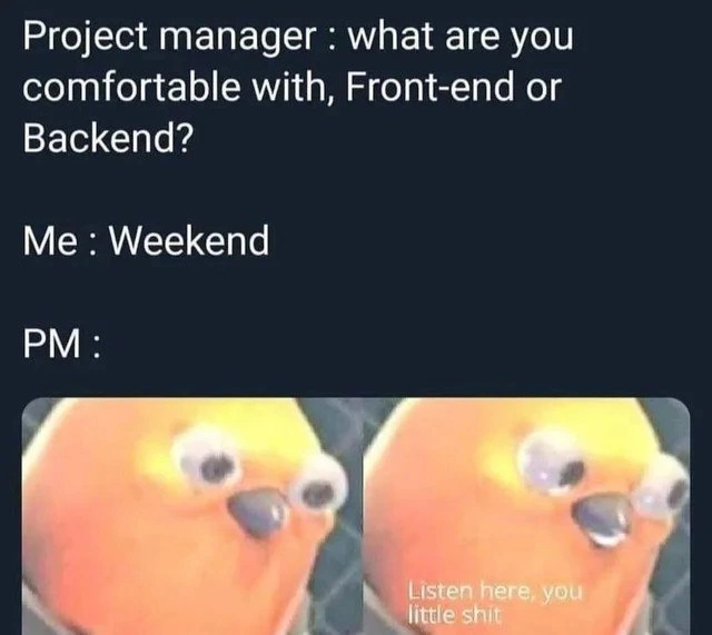 When the PM asks “front-end or back-end?” and you answer “weekend.”