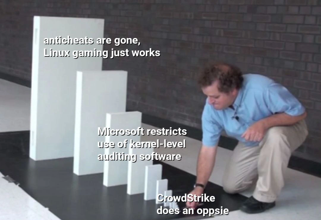 One bad kernel patch and Linux gaming magically works: domino meme edition