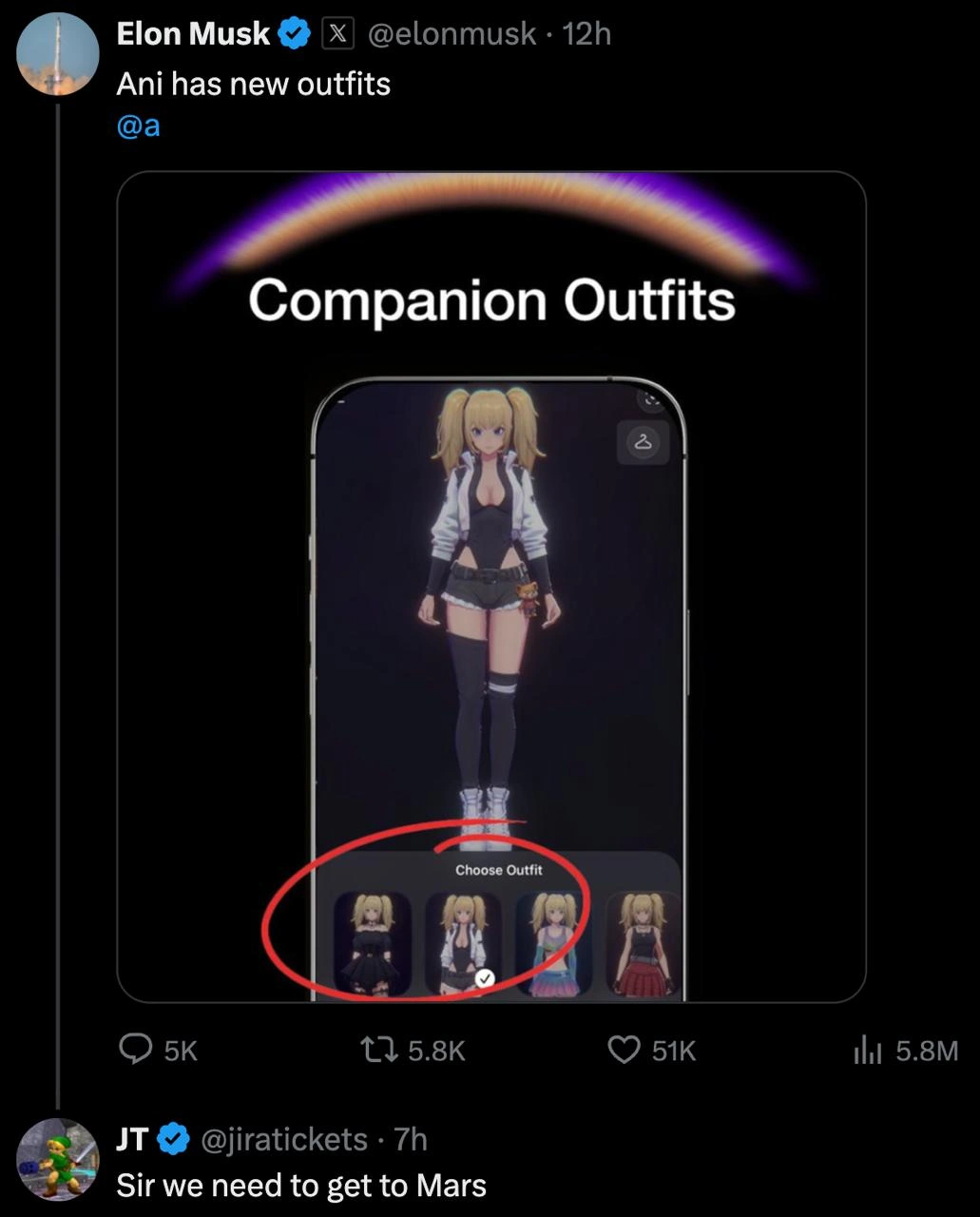 Elon Musk Promotes Grok AI Anime Companion While Humanity Questions Priorities