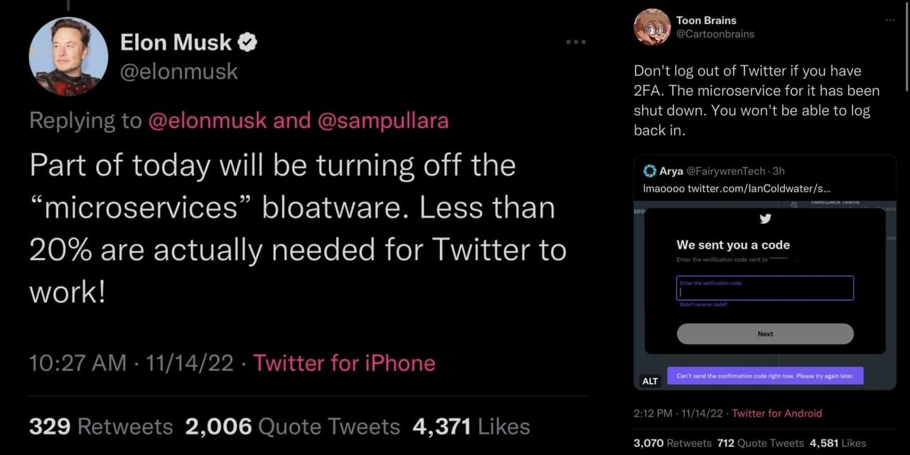 Turning off microservices bloatware crashes Twitter 2FA, meme-worthy architecture lesson