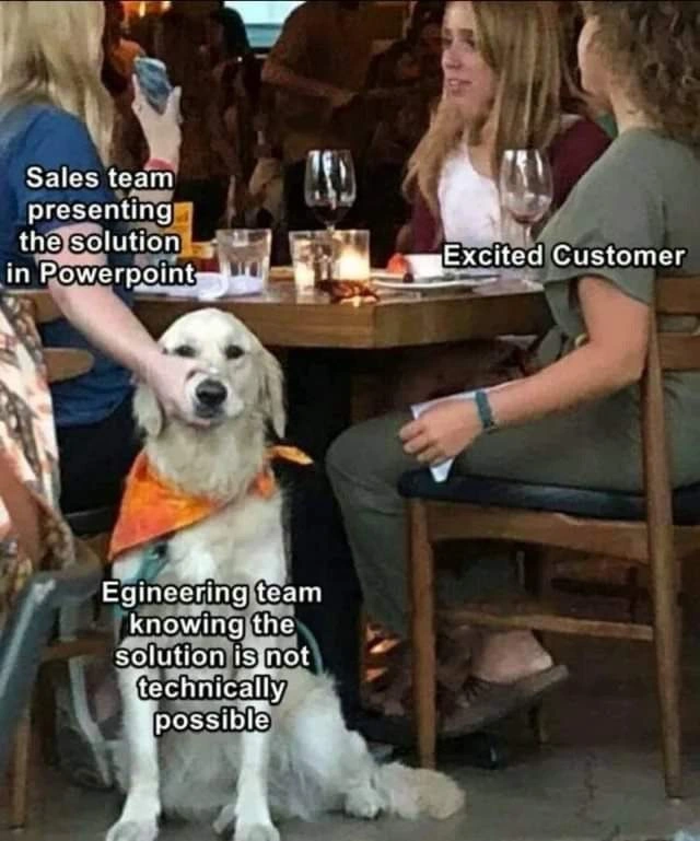Sales dazzles client with slides while engineers silently endure impossible promise