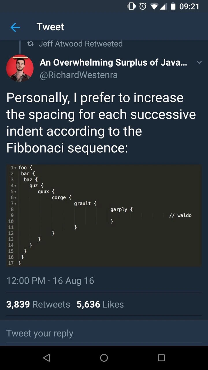 Fibonacci indentation: the golden ratio of unreadable code