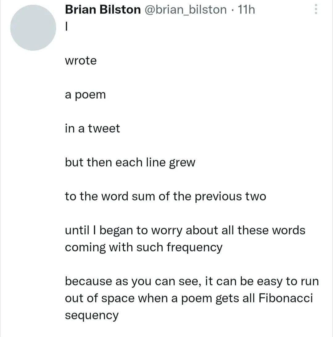 A Fibonacci Poem about Running Out of Space in a Tweet
