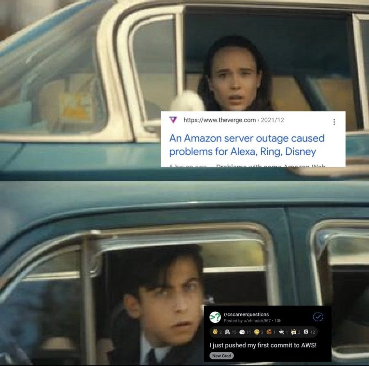 New grad flex triggers suspected AWS outage in drive-by reaction meme
