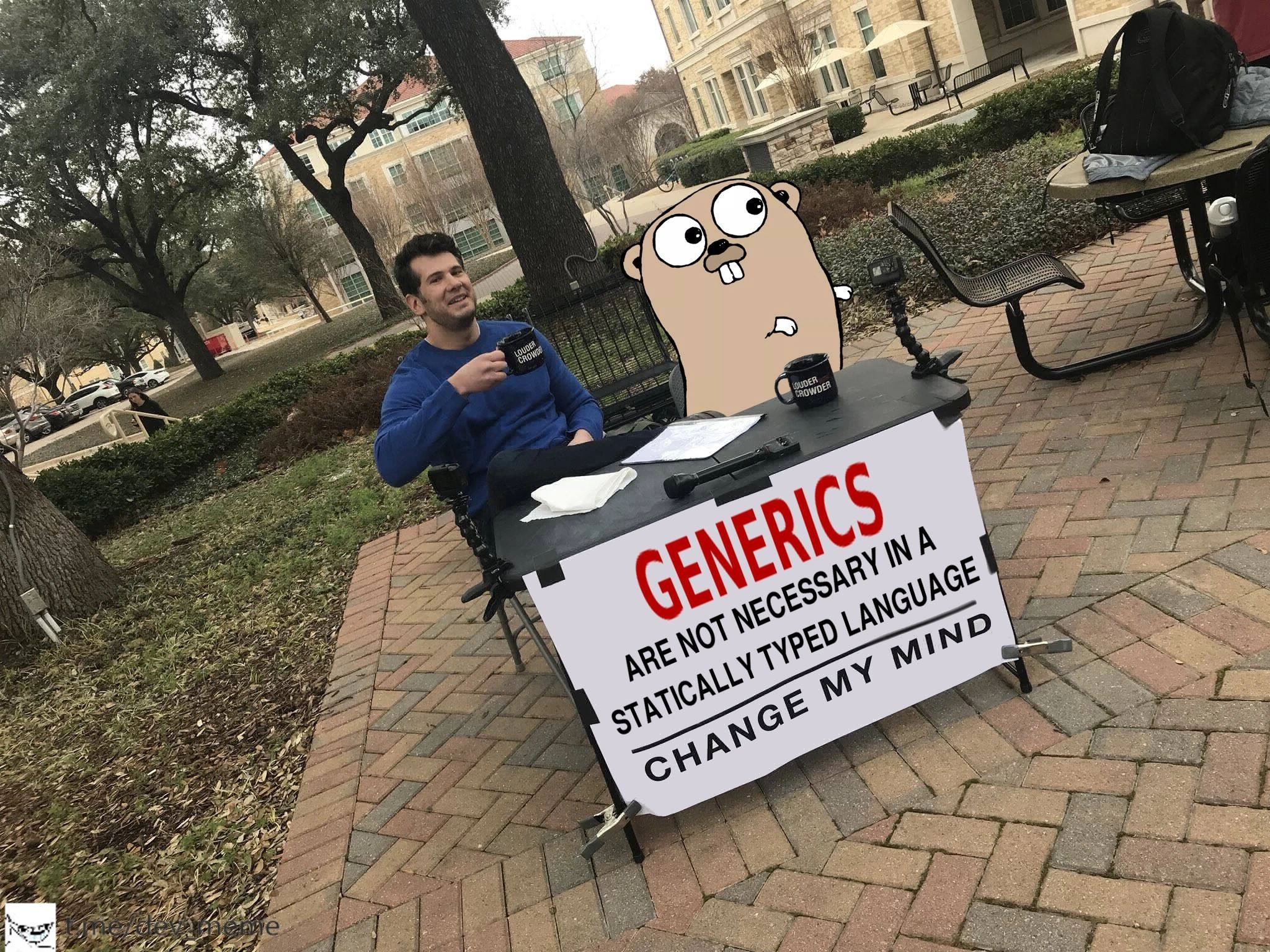 Go gopher at a “Generics aren’t needed, change my mind” debate table
