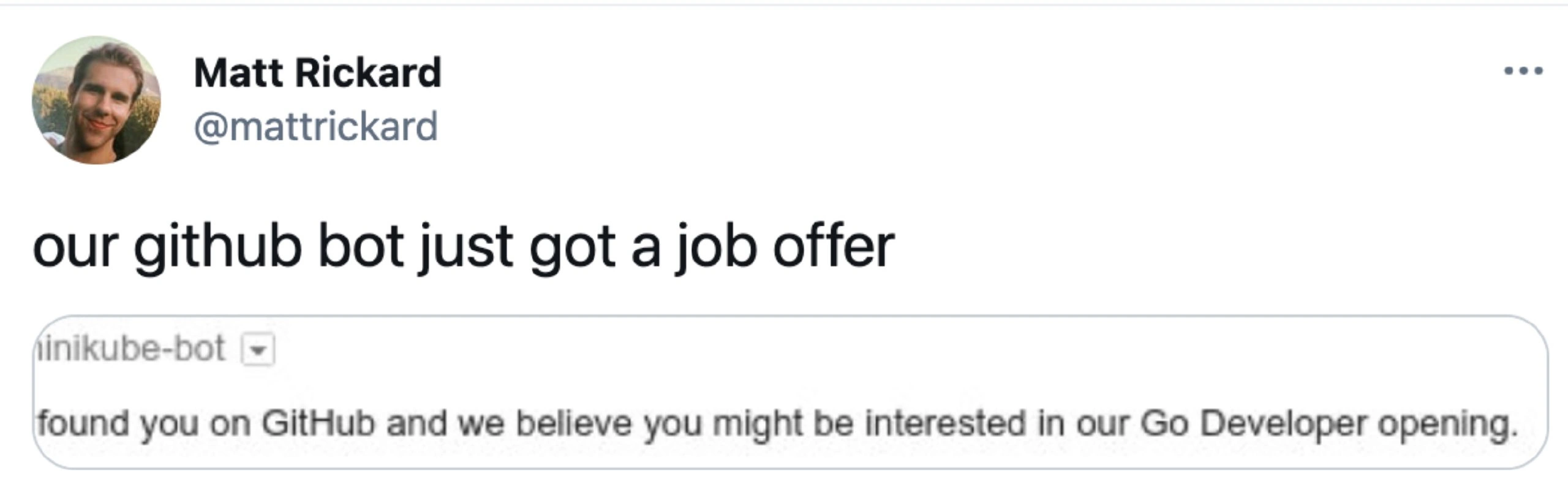 Recruiter automation mistakenly offers a Go role to the minikube GitHub bot