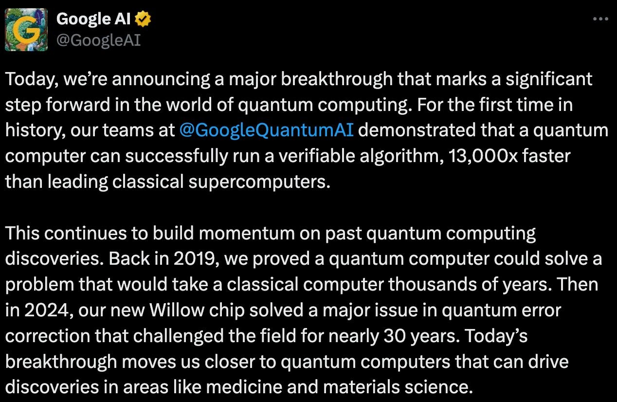Google AI Announces Quantum Computing Breakthrough: 13,000x Faster Than Classical