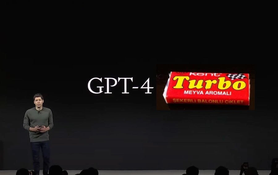 GPT-4 Turbo keynote slide, now powered by literal bubble-gum branding