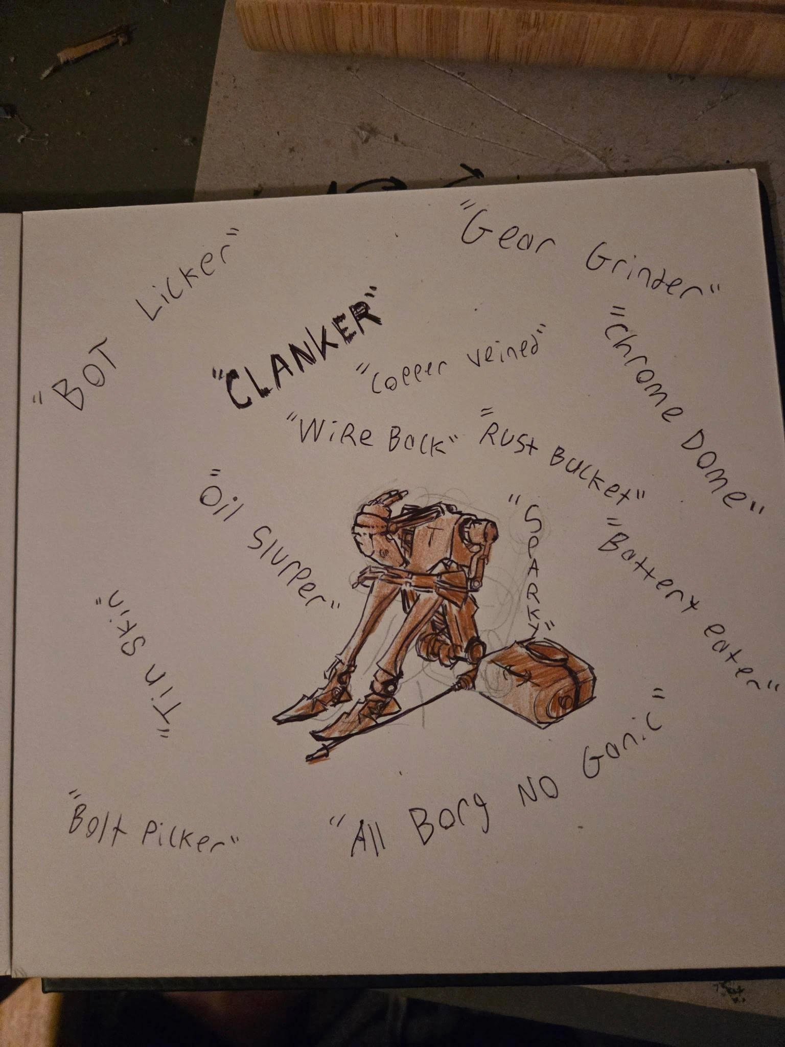 Hand-Drawn Robot Surrounded by Derogatory Slurs for Artificial Beings
