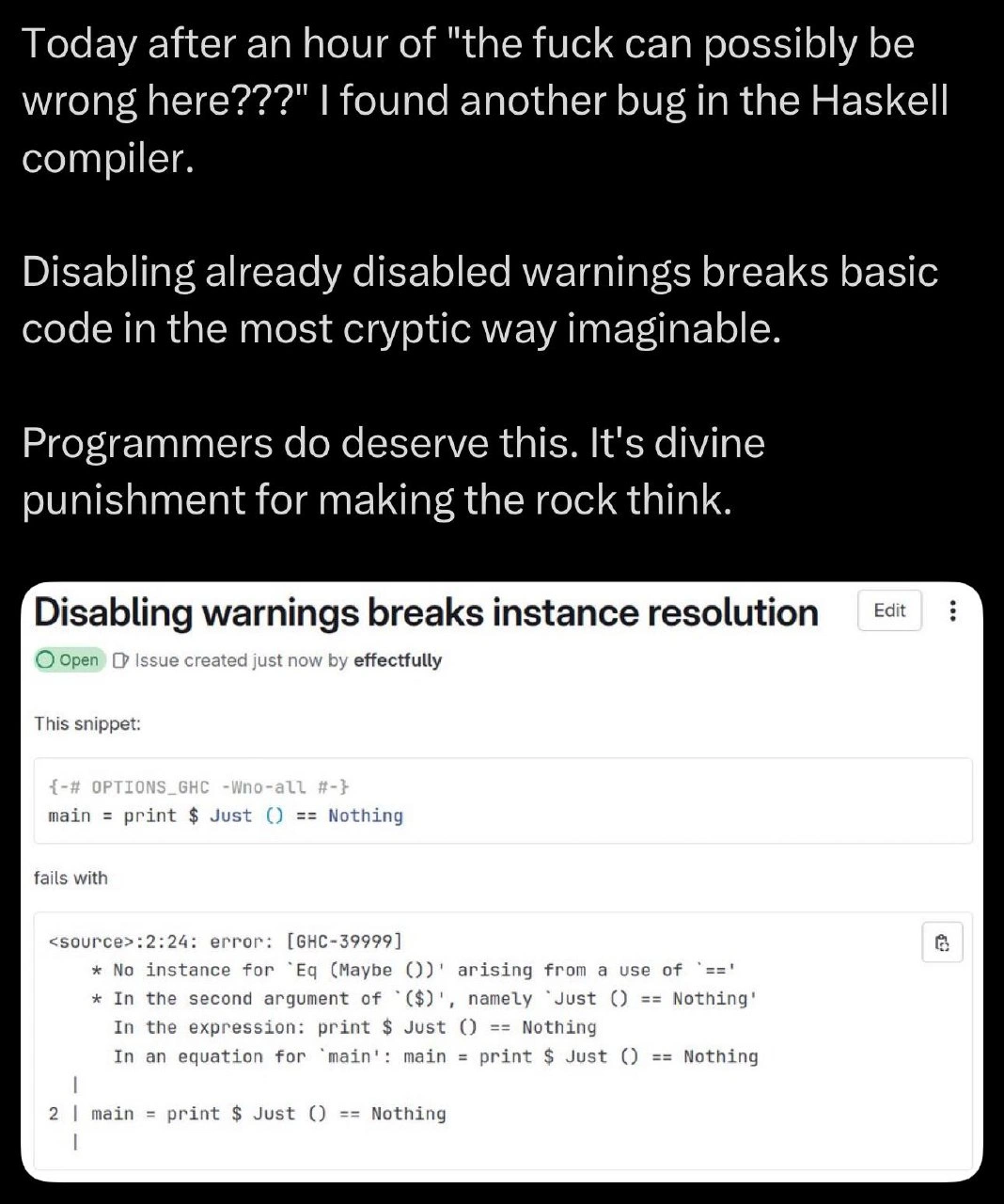 Haskell Compiler Bug Where Disabling Warnings Breaks Instance Resolution