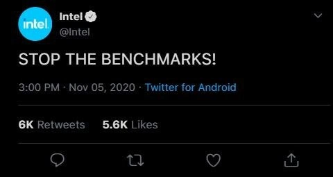 Intel meme tweet pleads: “STOP THE BENCHMARKS!” amid Apple-silicon hype