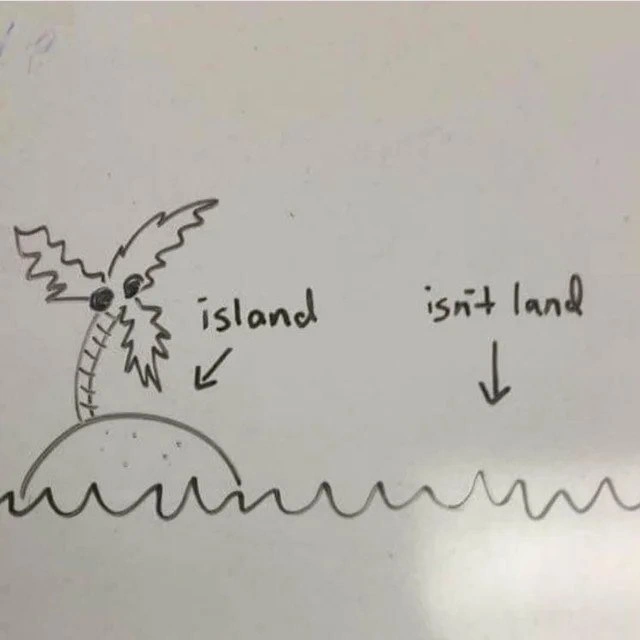 Developer illustrates 'is land' predicate pun with literal island whiteboard sketch