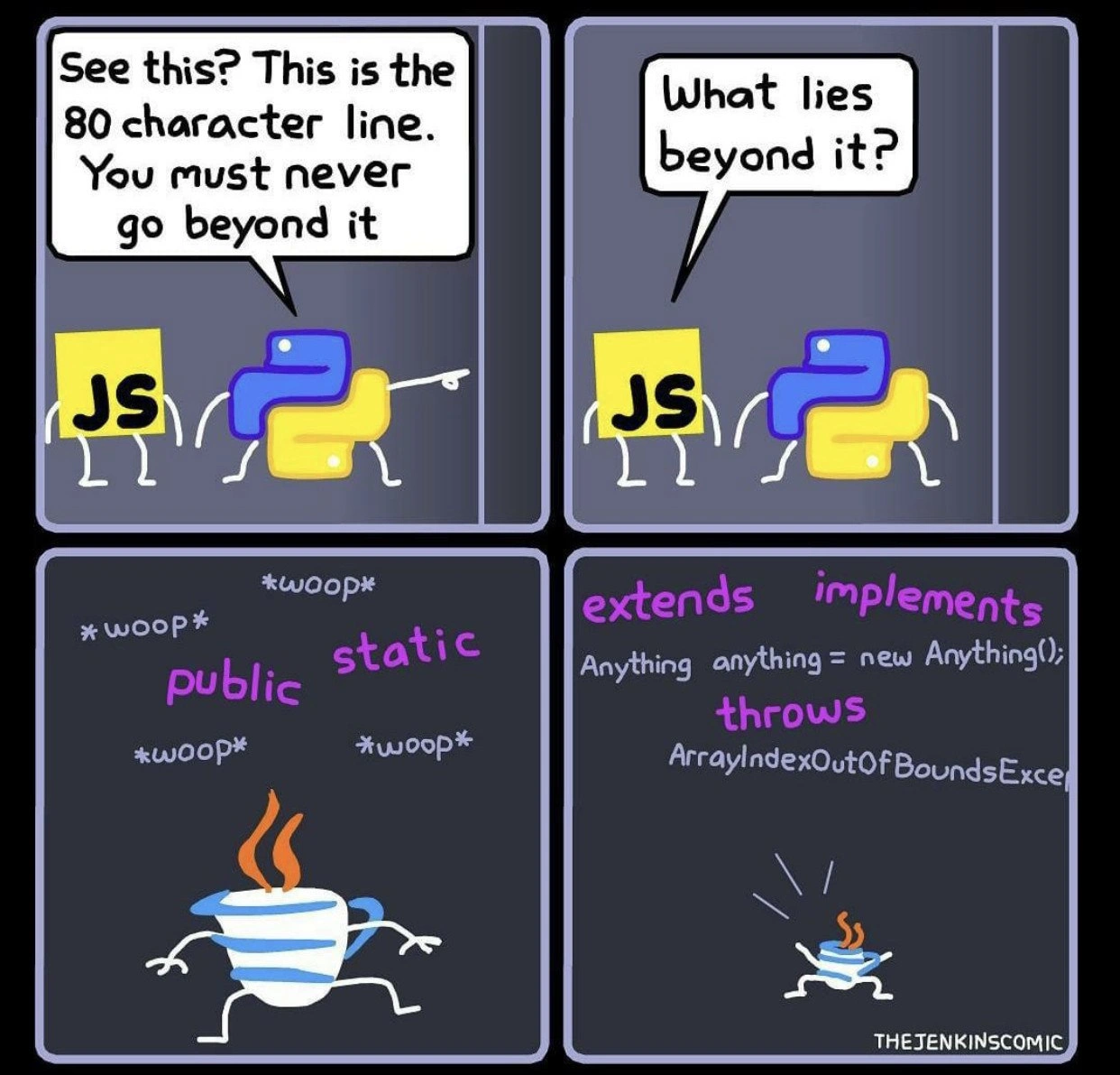 JS and Python reach 80-char wall, discover Java’s verbose wasteland