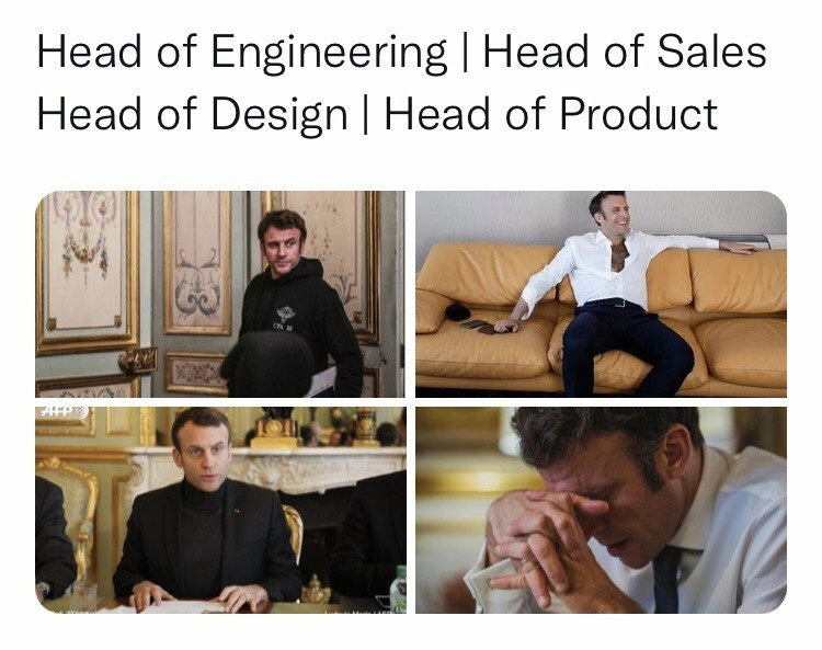 Meme mocking stereotypical executive personas across engineering, sales, design, product