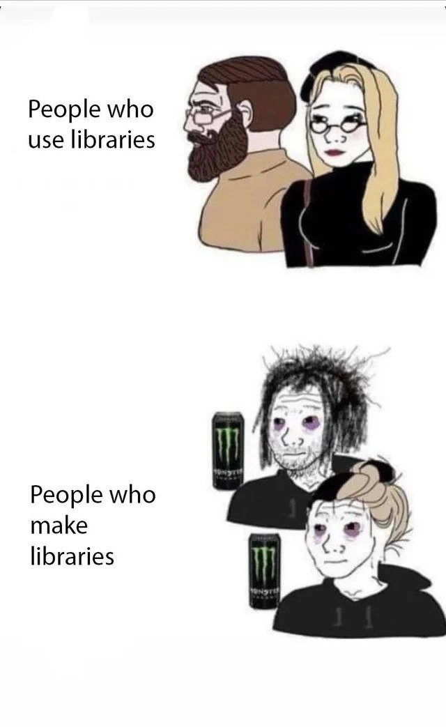 When using libraries vs maintaining them: polished users and energy-drink powered creators
