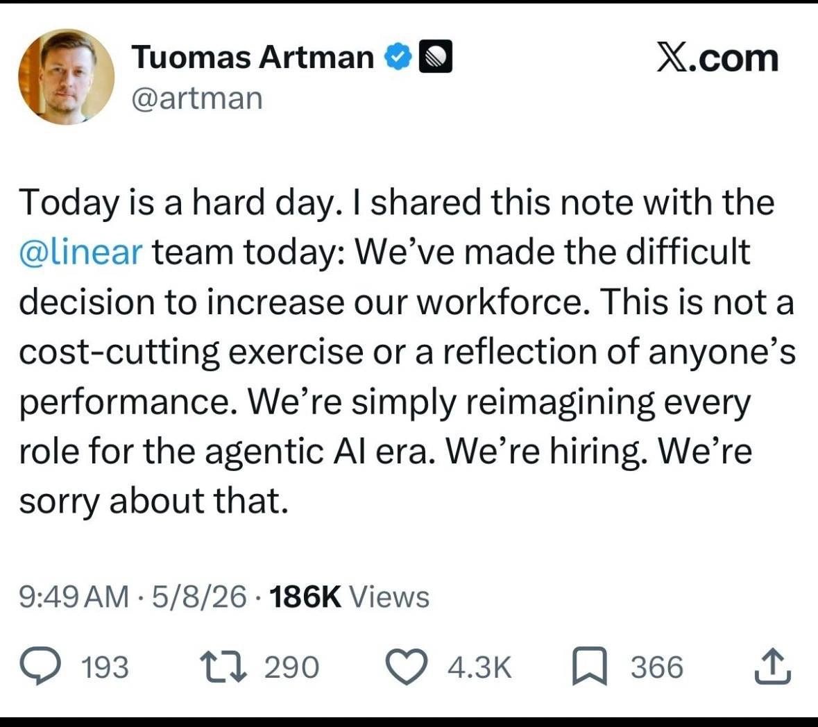 Linear's 'Difficult Decision' to Increase Workforce: Layoff Memo Parody Inverted