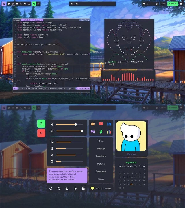 Riced Linux workspace showing Django code, ASCII art and a custom productivity dashboard