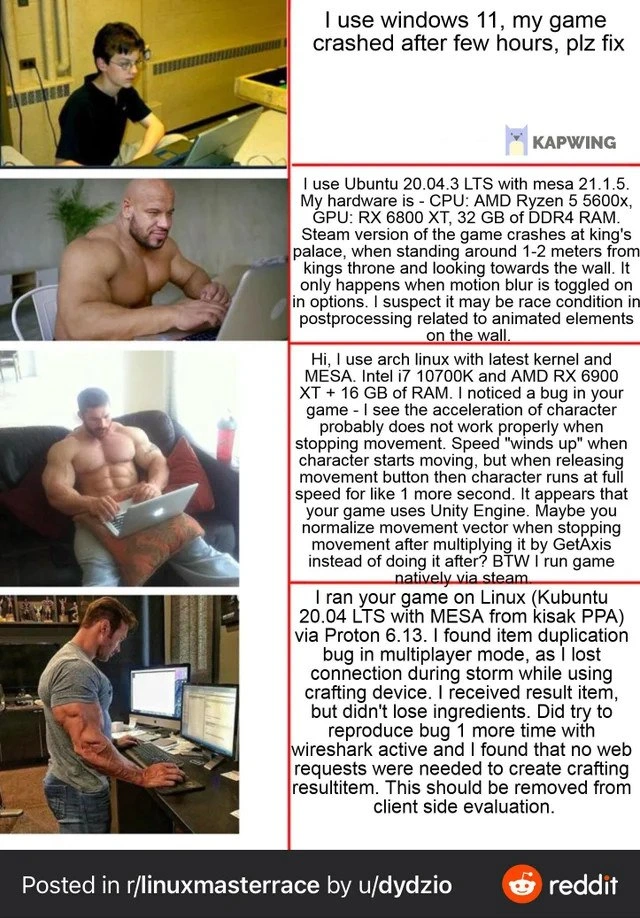 Windows user vs Linux power-tester: escalating muscle meme on bug report detail