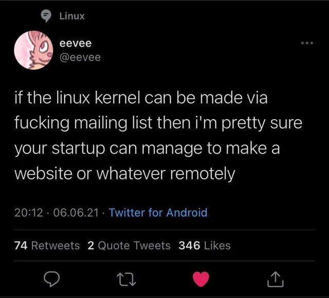 Linux kernel built over email trounces startup excuses about remote web dev