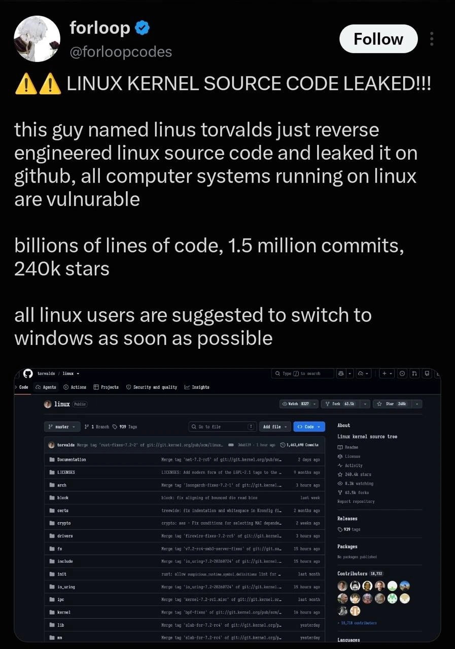 Linux Kernel 'Leaked' by Linus on GitHub