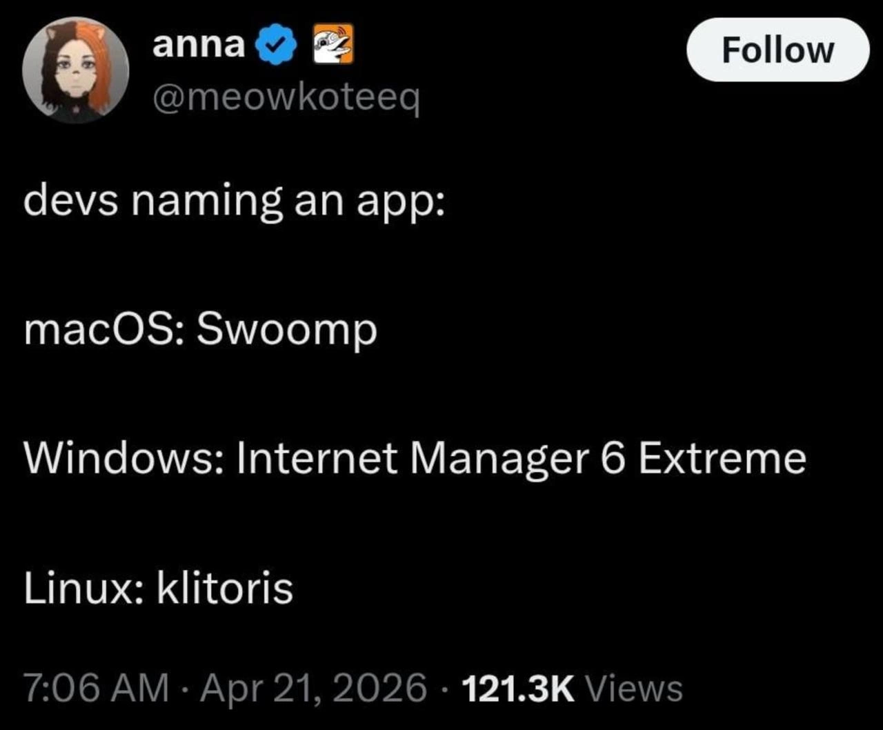 macOS Swoomp, Windows Extreme, Linux klitoris